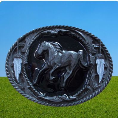 Buckle galoppierend. Pferd Relief, metall-schwarz, Gürtelschnalle, Western Buckle