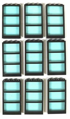 LEGO Fenster 1x4x6 Rahmen mit Sprossen schwarz / mit glaseinsatz blau / 9 Stück