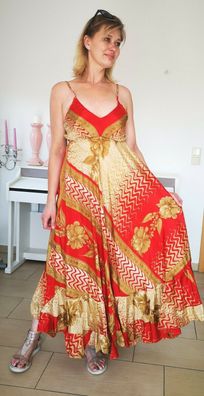 Seidenkleid Sommerkleid Maxikleid Träger V-Ausschnitt 38 40 42 Rot/ Gold glänzend