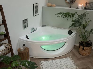Whirlpool Badewanne Toskana weiß mit 10 Massage Düsen LED Eckwanne Luxus Spa mit Glas
