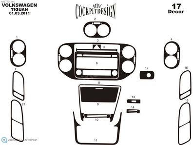3D Cockpit Dekor für Volkswagen Tiguan ab Baujahr 03/2011 17 Teile