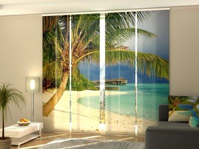 Fotogardine tropischer Strand mit Palmen, Schiebevorhang mit Motiv, Fotodruck auf Maß