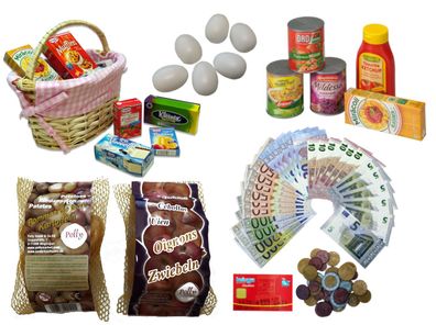 Beluga Großes Kaufladen-Set Miniatur Lebensmittel Spielgeld Konservendosen Eier