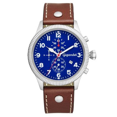 Uhr Herrenuhr Quarzuhr Chronograph Gigandet Red Baron V G34-002 Blau Braun Lederband