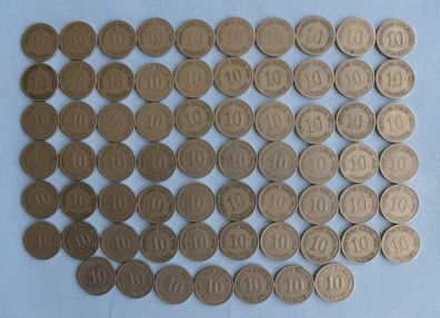 Lot 67 x 10 Pfennig Deutsches Reich Münzen 1874 1875 1876 1888 1889 1890 1891 92 93