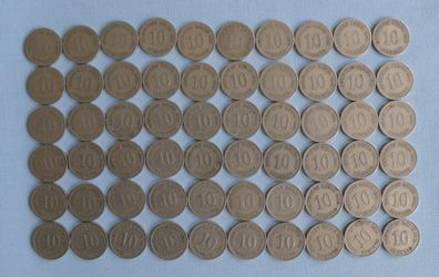 Lot 60 x 10 Pfennig Deutsches Reich Münzen 1874 1875 1876 1888 1889 1890 1891 1892