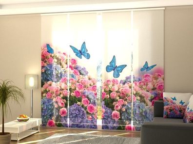 Fotogardine schöner Garten und Schmetterlinge, Schiebevorhang, Digitaldruck, auf Maß
