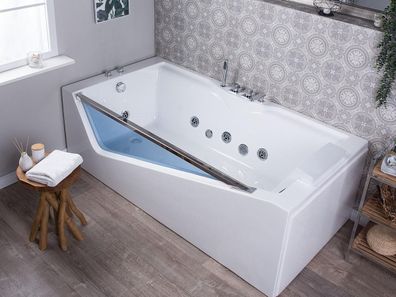 Luxus Whirlpool Badewanne 180 x 90 cm mit Glasscheibe LED Armaturen für Bad Spa weiss