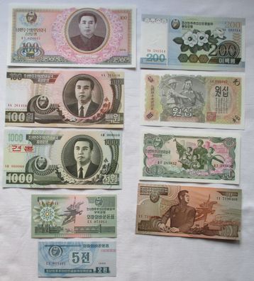 9 Banknoten Nordkorea Korea Northern 1947-2006 kassenfrisch (129600)