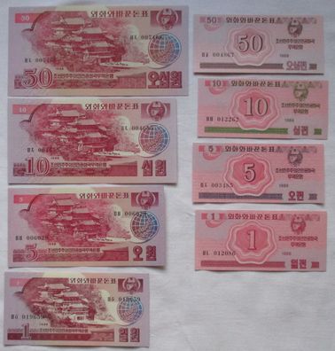 8 Banknoten Nordkorea Korea Northern soz. Besucher 1988 kassenfrisch (125781)