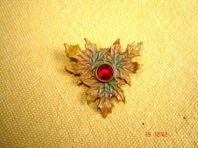Trachtenbrosche Ahorn Blätter handbemalt mit rotem Stein Anstecknadel Brosche p