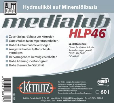 60 Liter Mineralisches Hydrauliköl Kettlitz-Medialub HLP 46