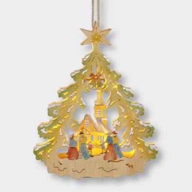 LED Holzhänger Weihnachtsbaum mit Kirche Batteriebetrieb 35x27,5cm innen 004-43