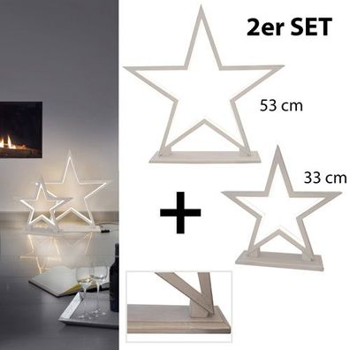 2er Set LED Stern Tischlampe Holz Bambus weiß Weihnachtsstern