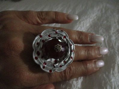 Ring Groß Metall Silber Rot Handarbeit verstellbar