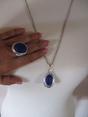 Halskette Lang mit Ring 20 mm Groß Alu Silber Blau Handarbeit