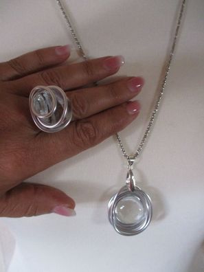 Halskette Lang mit Ring 18 mm Groß Alu Silber Transparent Handarbeit