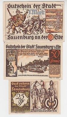 komplette Serie mit 3 Banknoten Notgeld Stadt Lauenburg an der Elbe um 1921