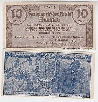 10 und 50 Pfennig Banknoten Notgeld Stadt Saulgau 1920