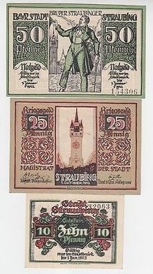 3 Banknoten Kriegsgeld der Stadt Straubing 1918