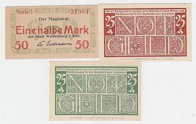 3 Banknoten Notgeld Stadt Waldenburg in Schlesien 1920