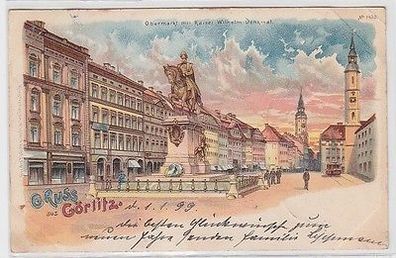 61938 Ak Lithographie Gruß aus Görlitz Obermarkt mit Kaiser Wilhelm Denkmal 1899