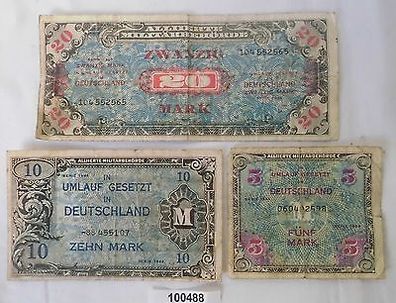 3 Banknoten alliierte Militärbehörde 5, 10 und 20 Mark 1944