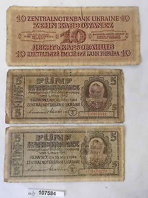 3 Banknoten Besetzung der Ukraine 2 x 5 und 10 Karbowanez 1942