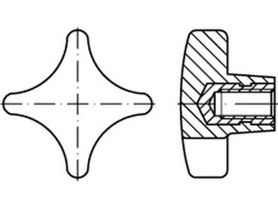 DIN 6335 Kunststoff Form K-St schwarz Kreuzgriffe, mit Gewindebuchse