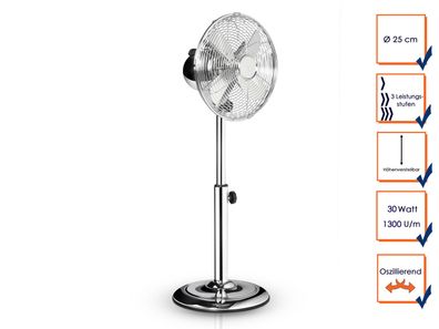 Standventilator Ø 25cm, höhenverstellbar, 30 Watt, 1300 U/ min, Oszillierend