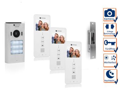 Set: Video Gegensprechanlage 3 Familienhaus mit Türöffner & 3,5 Zoll Farbdisplay