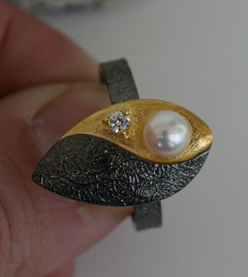 Sterling Silber Ring mit Süßwasser-Perle vergoldet Größe 58