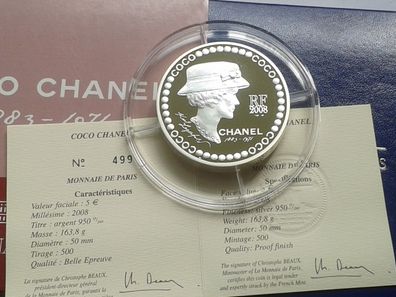 Original 5 euro 2008 PP (BE) Frankreich Coco Chanel 155,5g 5 Unzen Silber 499/500
