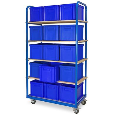 Kommissionierwagen mit 5 Ebenen und 15 Behältern in blau, LxBxH 400x300x280 mm