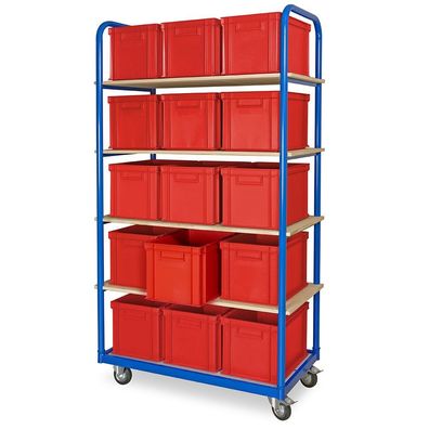 Kommissionierwagen mit 5 Ebenen und 15 Behältern in rot, LxBxH 400x300x280 mm