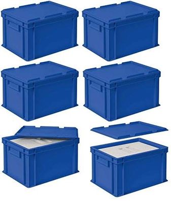 Set, 6x EPS Thermobox 10,4 Liter in Eurobox 400x300 mm blau mit Auflagedeckel