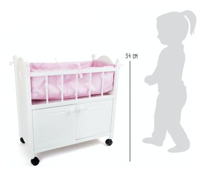 Puppenbett mit Unterschrank Holz Weiß Rosa Herz mit Bettumrandung Decke & Kissen