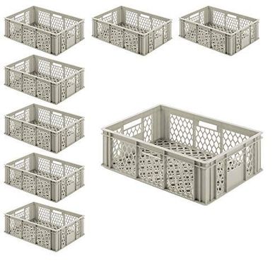 8x Eurobehälter durchbrochen, 600x400x200 mm, 38,5 Liter, PE-HD, kieselgrau