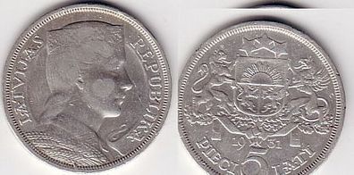 5 Lati Silbermünze Lettland 1931