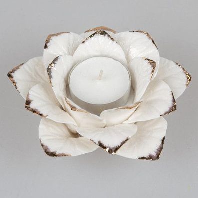 Formano Teelichtleuchter Kerzenhalter Lotus Blume Deko Weiß Gold Porzellan