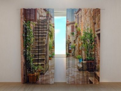Fotogardine alte Straße in Toskana, Vorhang mit Motiv, Digitaldruck, Gardine auf Maß