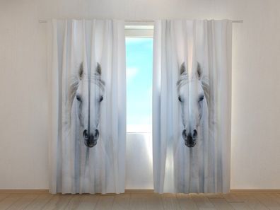 Fotogardine zwei weiße Pferde, Vorhang mit Motiv, Fotodruck, Gardine auf Maß