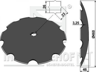 Scheibe für Scheibeneggen gezahnte Scheibe Ø460 S3.25 F 46 C23/26 mm-Vierkantwelle