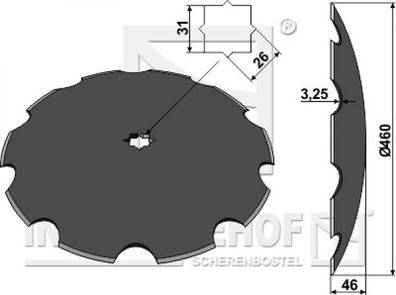 Scheibe für Scheibeneggen gezahnte Scheibe Ø460 S3.25 F46 C26/31mm-Vierkantwelle