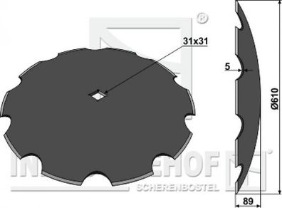 Scheibe für Scheibeneggen gezahnte Scheibe Ø610 S5 F89 C31mm-Vierkantwelle