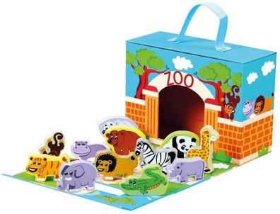 Bino & Mertens 70613 Zoo Tiere im Reisekoffer Spielfiguren aus Holz Spielkoffer