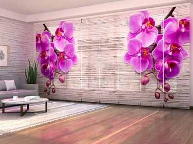 Schiebegardine große Orchidee auf Holz, Flächenvorhang mit Motiv, Gardine auf Maß