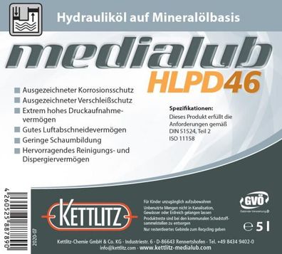 5 Liter Mineralisches Hydrauliköl Kettlitz-Medialub HLPD 46