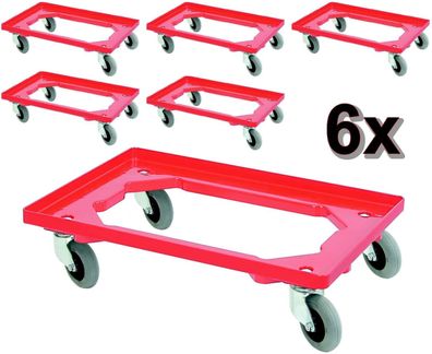 6 Transportroller für Behälter 600x400 mm o. 2x 400x300 mm mit Flüsterrollen, rot