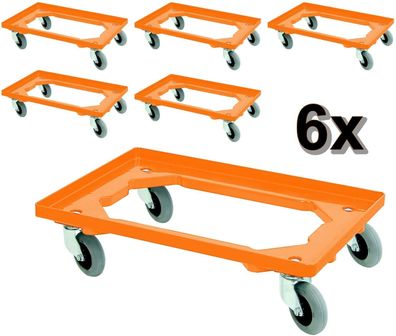 6 Transportroller für Behälter 600x400 mm o. 2x 400x300 mm mit Flüsterrollen, orange